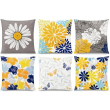 Housses de coussin marguerite rouge et grise 45 x 45 cm, coton et lin, lot de 6