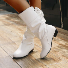 Itsun Cowboy-Stiefel für Damen, lässige, mittelhohe Stiefel, niedrige Absätze, runde Zehenkappe, warme, mittelhohe Schneestiefel, weiß