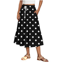 Női nyári pöttyös, magas derekú, hosszú, midi szoknya, rugalmas derekú, húzózsinóros, plus size S-2XL poliészter lezser A-vonalú szoknya