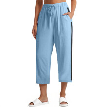 Dames cropped broek in effen kleur met contrasterende strepen aan de zijkant en trekkoord in de taille, casual capri broek met zakken, voorgekrompen