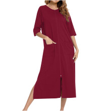 Dames nachtjurk met ritssluiting, effen kleur, ronde hals, korte mouwen, midi-lengte, twee voorzakken, elastische loungewear voor thuis (S-2XL)