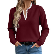 Eleganter Winterpullover für Damen mit Spitzenbesatz, langen Ärmeln und lockerer Passform – Bequemes, weiches Strickoberteil