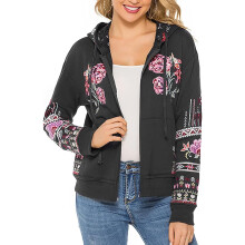 Damen-Sweatshirt mit durchgehendem Reißverschluss, langen Ärmeln, bestickt, floral, Boho-Stil, mexikanische Stickerei, Kapuzenpullover,