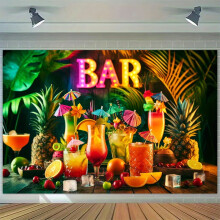 Fundal pentru bar cu cocktailuri tropicale – Bar Tiki cu ananas, frunze de palmier, decor pentru petrecere cu tematică Luau Hawaiiană și