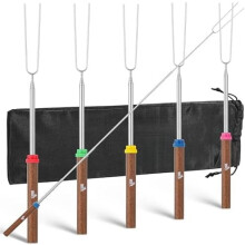 84 cm utdragbara marshmallowstekpinnar, 5-pack, mörkbrunt trähandtag, smores-spett i rostfritt stål för eldstad – kompatibel med lägereld