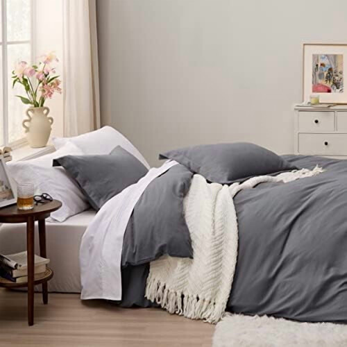 Träkolsgrått påslakanset Queen size, 3 delar 2