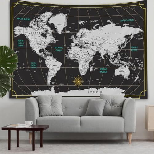 Černá nástěnná tapiserie s vintage mapou světa 1