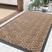 Tapis de porte robuste en caoutchouc naturel, motif géométrique quadrillé, 89 x 58 cm, couleur café – Retient la saleté et l'humidité, facile