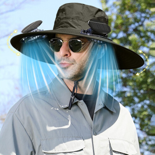 Ηλιακό καπέλο-ανεμιστήρας με φαρδύ γείσο, UPF51+, επαναφορτιζόμενο με USB, συμβατό με 1