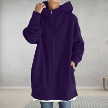 Damen-Kapuzenpullover mit Reißverschluss, lila, einfarbig, lange Tunika, warme, mittellange Winterjacke in Übergröße mit Taschen, Größe 3XL