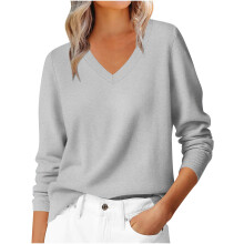 Damen-Pullover mit V-Ausschnitt und langen Ärmeln – Weiches, lockeres und bequemes Freizeit-Oberteil für Herbst/Winter (Z01#Grau, L)