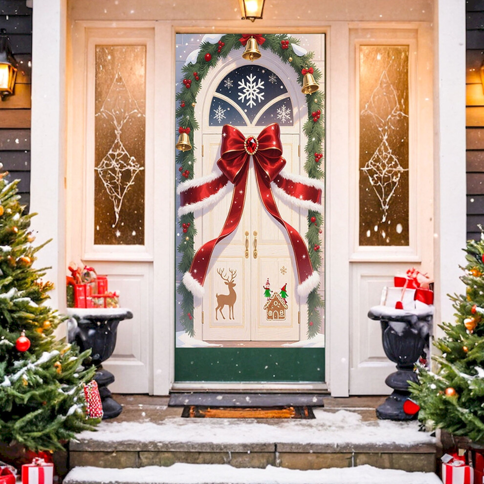 Christmas Themed Door Curtain Decoration, Festive Scene Background Cover For Doorway Wall Party Layout, Sparkling Holiday Home Decor For Indoor Use 9426043915872