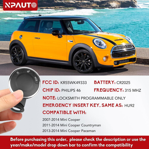 Mini Cooper Key Fob Replacement 2007–2014 KR55WK49333 2
