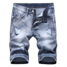 Pantalones cortos vaqueros para hombre de alta gama, con estampado de camuflaje y rasgados, estilo moderno. Pantalones cortos vaqueros azules.