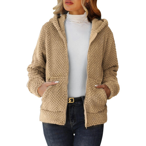 Women's solid color fleece hooded cardigan jacket