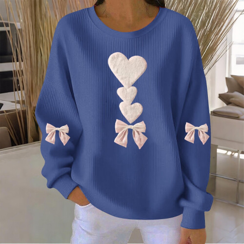 Felpa da donna a coste con scollo rotondo e cuore per San Valentino, lunga 1