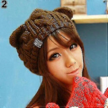 (Coffee)Women's Winter Knit Crochet Braided Cat Ears Beret Beanie Ski Knitted Hat Cap Zekai