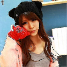 (Black)Women's Winter Knit Crochet Braided Cat Ears Beret Beanie Ski Knitted Hat Cap Zekai