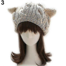 (Beige)Women's Winter Knit Crochet Braided Cat Ears Beret Beanie Ski Knitted Hat Cap Zekai