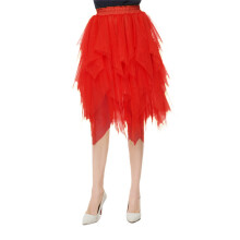 (S, Red) Jupes en tulle asymétriques pour femmes, jupes décontractées taille haute, jupes en maille unies, jupes superposées