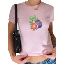 (S, Pink) Women's Crew Neck Cropped Tops Cute Fruit Print Short Sleeve Slim Fit Baby Tees Streetwear