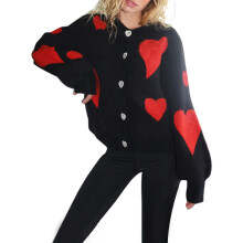 (M, Black) Gilet cardigan à manches longues et col rond, fermeture boutonnée, imprimé cœur, en maille, idéal pour la Saint-Valentin.