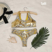 (L,Split Gold)Women's Swimsuit Polyester Fabric Reflective Golden Silver Suitable For Summer Zekai