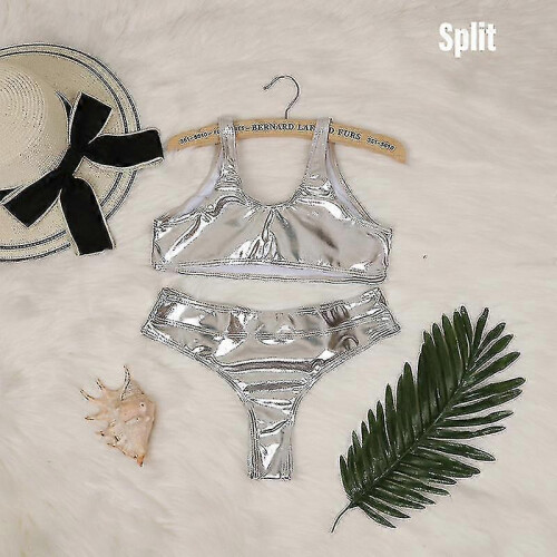 (M,Split Silver)Women's Swimsuit Polyester Fabric Reflective Golden Silver Suitable For Summer Zekai