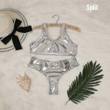 (S,Split Silver)Women's Swimsuit Polyester Fabric Reflective Golden Silver Suitable For Summer Zekai