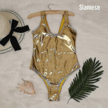 (XL,Siamese Gold)Women's Swimsuit Polyester Fabric Reflective Golden Silver Suitable For Summer Zekai