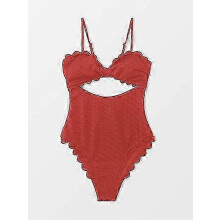 (XL,red)Ladies One Piece Swimsuit Sexy Black Cutout Scalloped Swimsuit