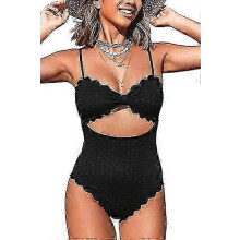 (XL,black)Ladies One Piece Swimsuit Sexy Black Cutout Scalloped Swimsuit