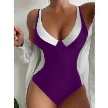 (L,Purple White)Women Swimwear Color Block One Piece Swimsuit Beach Bathing Suit Bikini Monokini zZ
