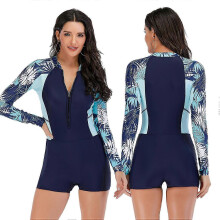 (L,blue)Swimsuit Women Boyleg One Piece Long Sleeve Bathing Suit Surf Wear Sun Protection Wetsuit _b zZ