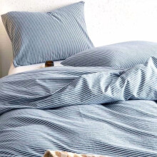 Striped Cotton Duvet Cover Set, 100% Washed Textured Percale, Ticking Stripe Farmhouse Style, 3-Pc Queen, Denim Blue