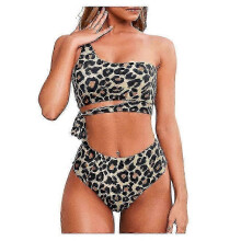 (L)Women One Shoulder High Waisted Bikini Tie High Cut Two Piece Swimsuits, Leopard
