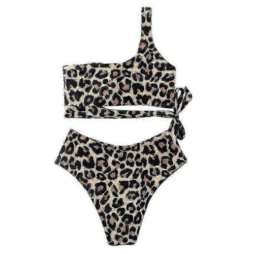 (S)Women One Shoulder High Waisted Bikini Tie High Cut Two Piece Swimsuits, Leopard 2