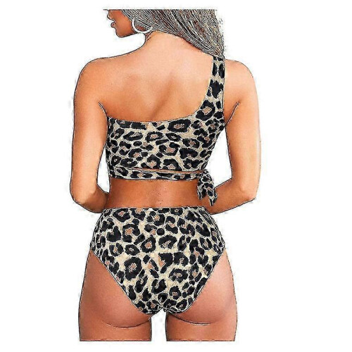 (S)Women One Shoulder High Waisted Bikini Tie High Cut Two Piece Swimsuits, Leopard 1