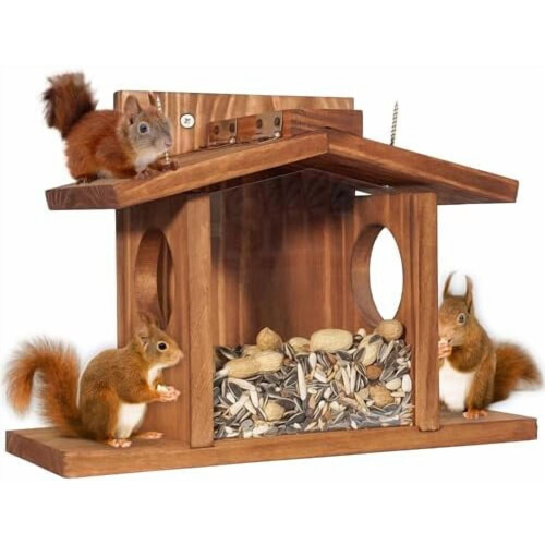 Wood Squirrel Feeder for Outside Winter, Compatible with Corn & Peanuts, Durable Box with Removable Front Panel (Style 2)