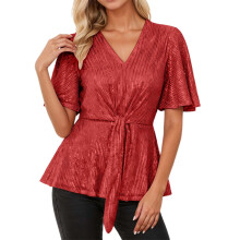 Haut à sequins pour femme, manches courtes, blouse de fête tendance, col rond ample, haut élégant et scintillant pour les soirées et le