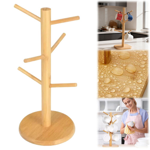 Suporte de bambu para canecas com 6 ganchos e base estável. 1