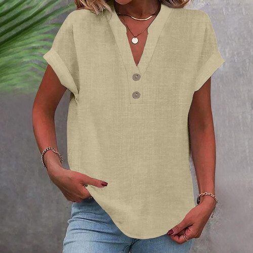 VERUGU Γυναικεία Μπλούζα με Κοντομάνικα, V-Neck, Βαμβακερά, Λινά Πουκάμισα, 1