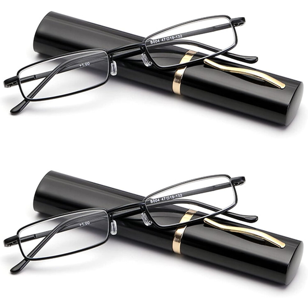 Slim Mini Metal Reading Glasses Compact Lightweight Portable Readers with Glasses Case for Reading Case,Black+Black+2.0