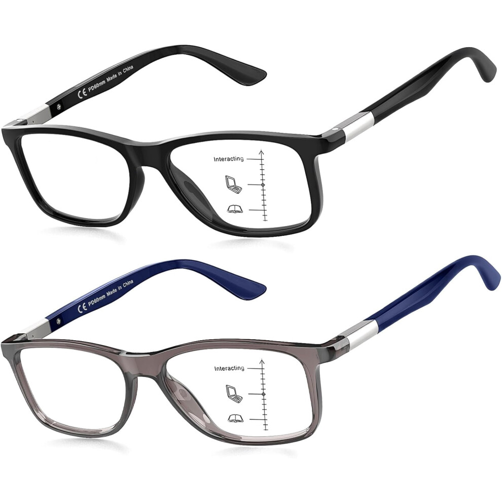 Blue/Light 2 Pack Progressive Multifocal Reading Glasses For Men & Women, Adjustable Tr90 Frame, Protection, Trifocal +2.5, Compatible With All Users