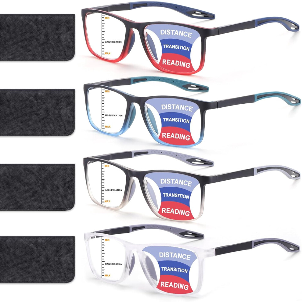 Blue/Light 4 Pack Progressive Multifocus Reading Glasses For Men Women Tr90 Sports Style Anti- Computer Readers