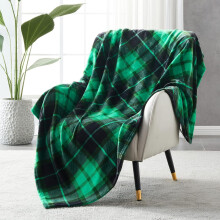 Flannel Fleece Throw Blanket 60 x 80 Inches, All Season Plaid Green Blanket for Bed, Couch, Car