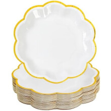 White Gold Foil 7" Scalloped Disposable Party Plates – Compatible with Tea, Birthday, Bridal, Baby Shower, Wedding (48 pcs)