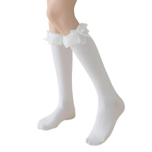 OQRKI Women's Girl Cotton Knee High Socks with Lace Ruffle Trim, Calf Socks Bow Style
