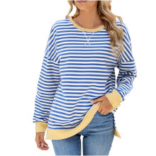 Lyseblå lange ærmer sommertoppe til kvinder2024Afslappet rund hals langærmet polyester stribet print dametop, XL