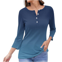 Marineblaues, langärmliges Hemd mit Farbverlauf und Knopfleiste, V-Ausschnitt, einfarbig bedruckt, Polyester, Damen, Größe L